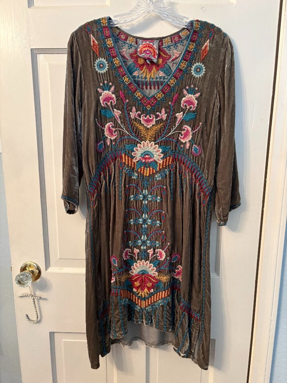 Johnny Was dark gray heavily embroidered velvet tunic